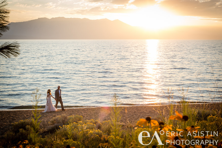 Bride and Groom take a stroll during golden hour. Edgewood South Lake Tahoe